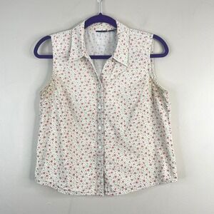 Vintage Sleeveless Camp Shirt Top Women Medium Ditsy Floral Crisp Button Up Chic